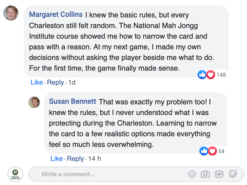 Facebook comments from students sharing how the course helped them understand Charleston decisions and feel less overwhelmed at the table.