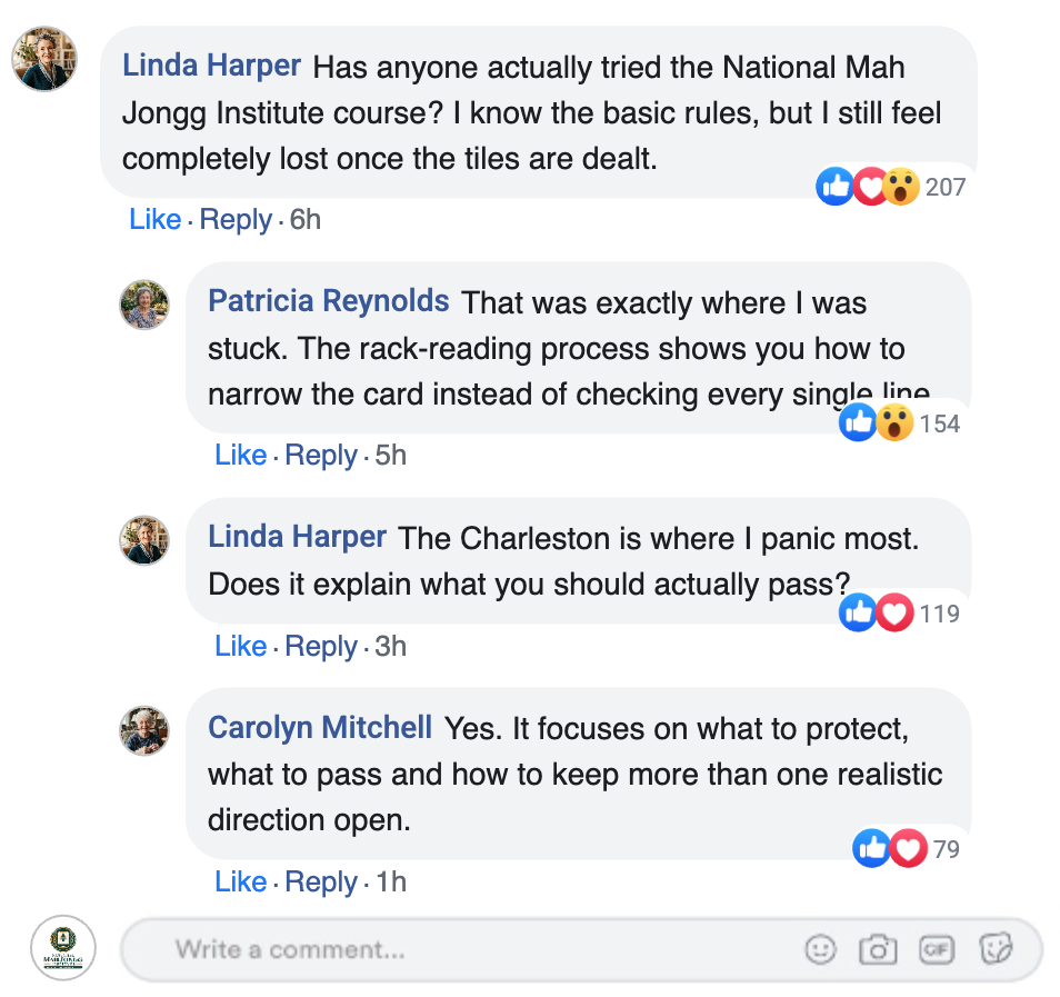 Facebook conversation between learners discussing the rack-reading process, the Charleston, and how the course keeps multiple realistic directions open.