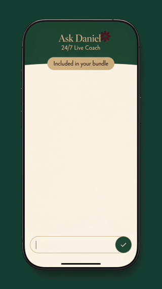 Phone screen showing Daniel Merritt's 24/7 live coaching chat, included in your bundle