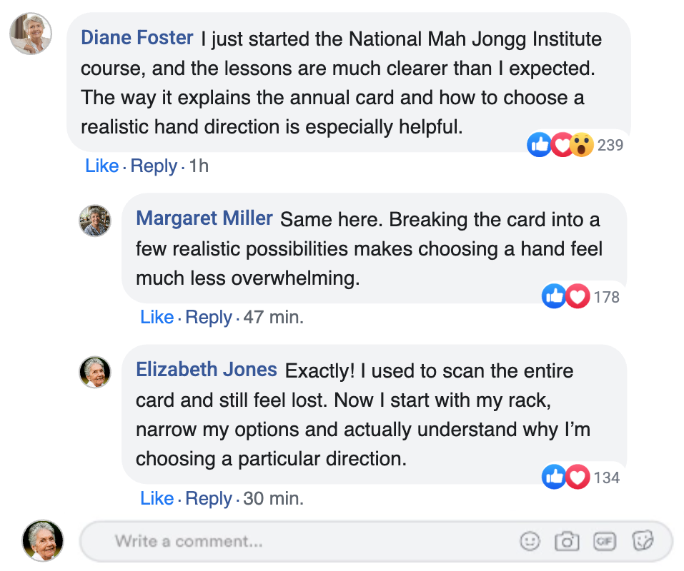 Facebook thread from Diane Foster, Margaret Miller, and Elizabeth Jones sharing how the course makes the annual card clearer and hand direction decisions less overwhelming.