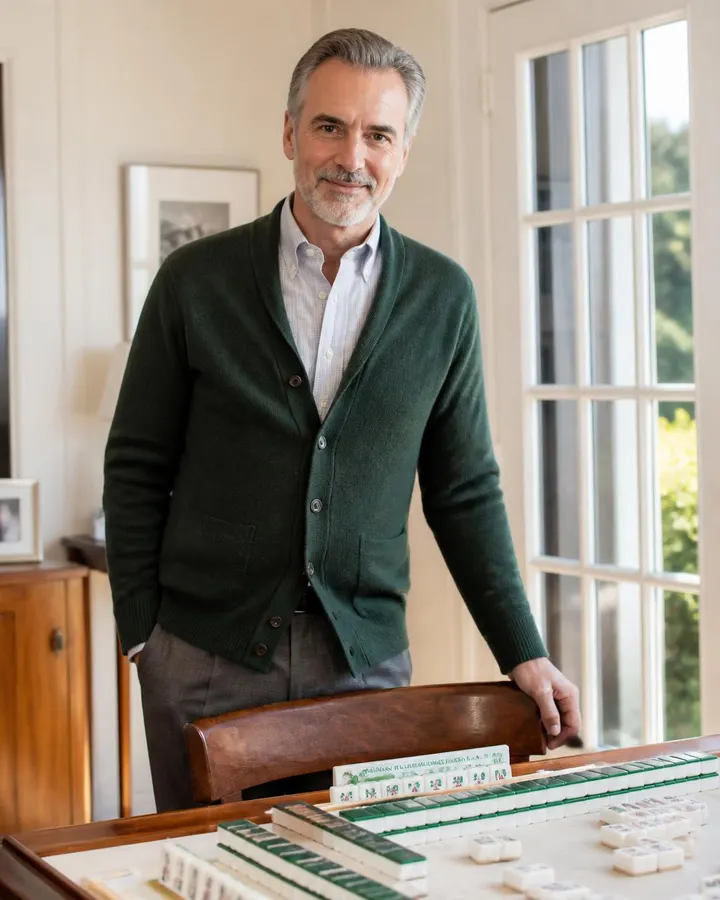 Portrait of Daniel Merritt, course instructor at National Mah Jongg Institute, beside an American Mah Jongg table.