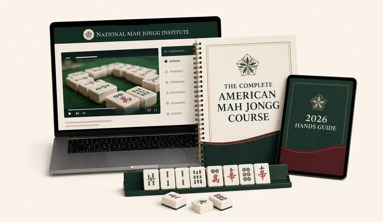 The Complete American Mah Jongg Course shown on a laptop, with the printed workbook and the 2026 Hands Guide on a tablet beside a rack of tiles.