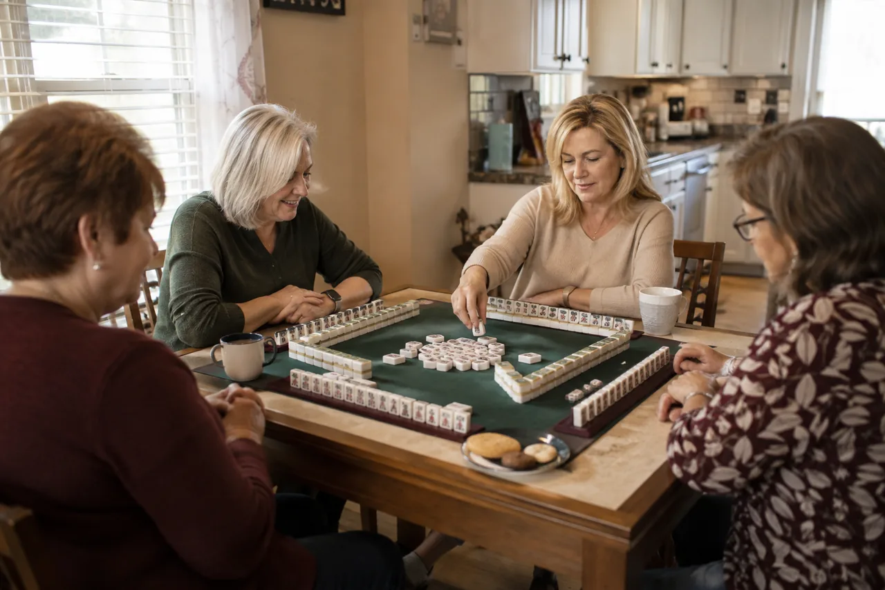 Four women playing American Mah Jongg together around a table at home.