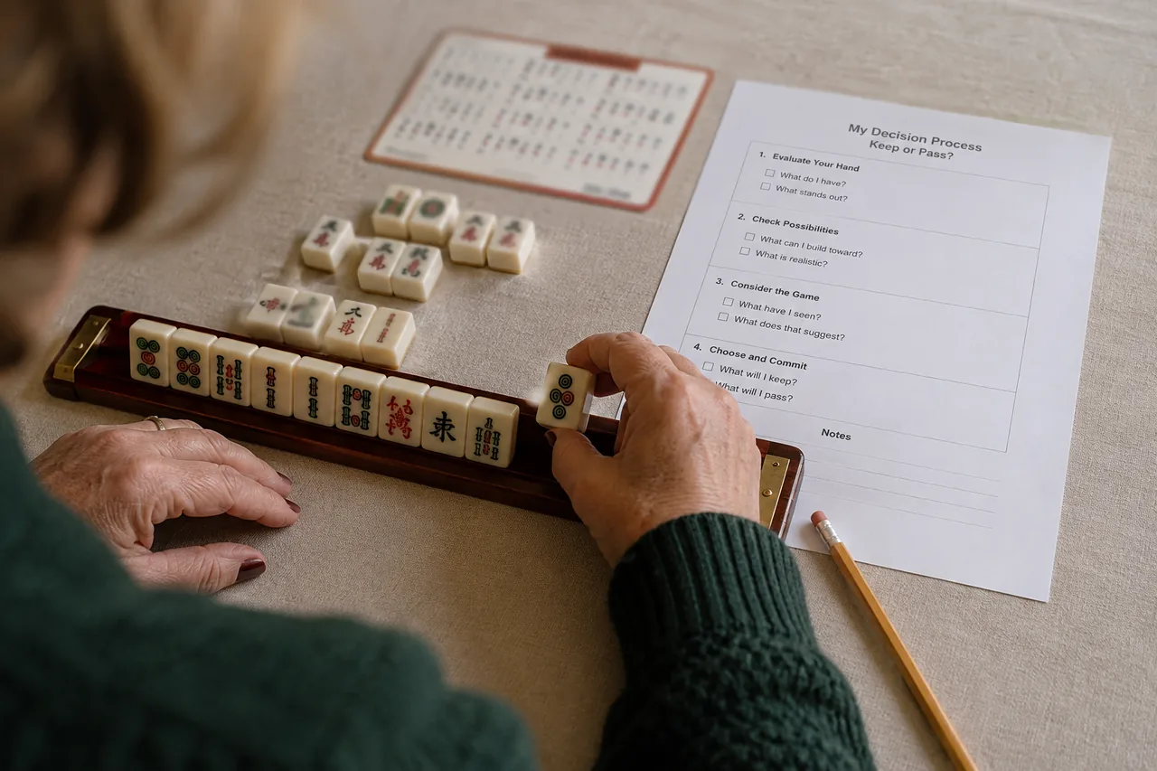 A player studying her tile rack next to a printed decision worksheet during a game of American Mah Jongg.